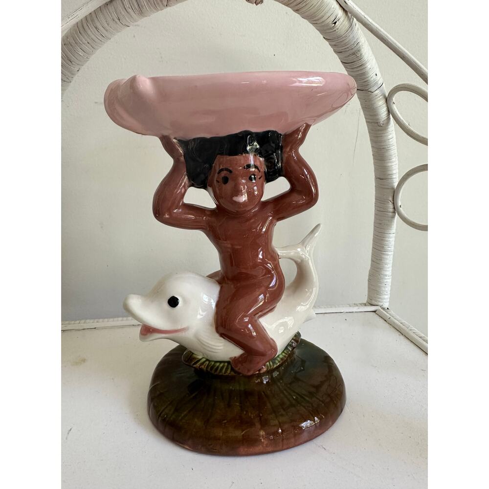 Vintage Cherub Dolphin Soap Dish Ceramic figurine Pedestal African 1970 trinket